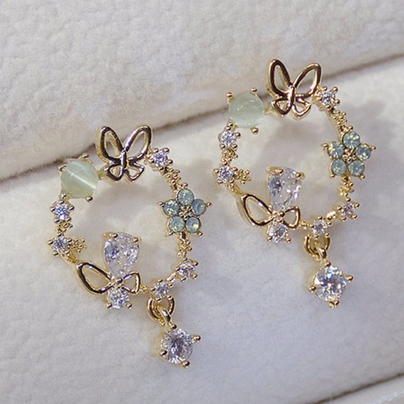 NEW 14K Gold Plated Diamond Flower Butterfly Circle Earrings - Picture 1 of 6